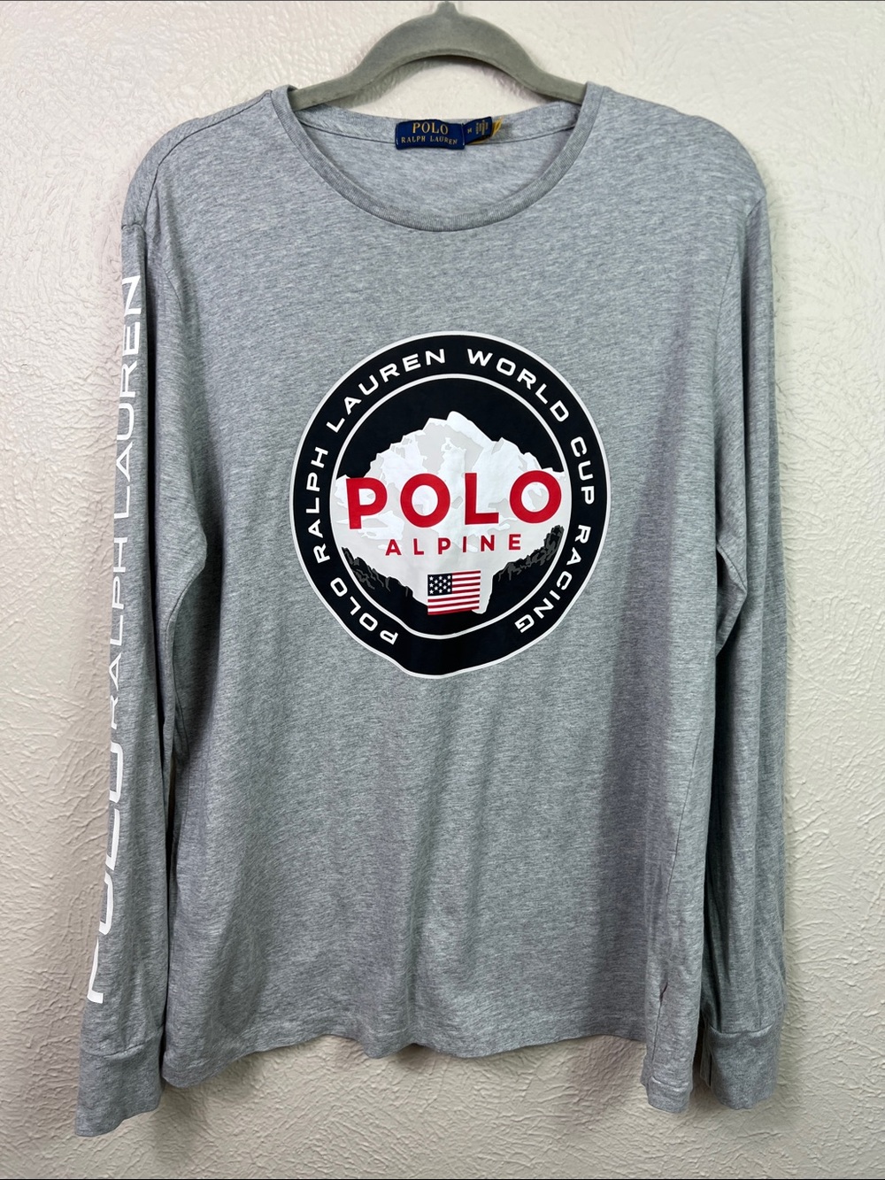 Polo Ralph Lauren Alpine Racing Mountain Graphic Gray Long Sleeve T-Shirt Medium